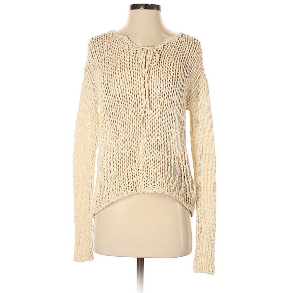 Vince Tan Beige Knitted Crochet Pullover Sweater